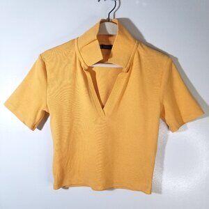 Zara Women Short Sleeve Ribbed Crop Polo Shirt - Medium